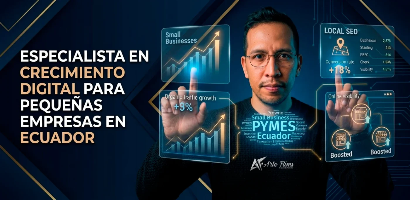 Diseño web para negocios pequeños en Ecuador representado por estratega digital en entorno tecnológico moderno